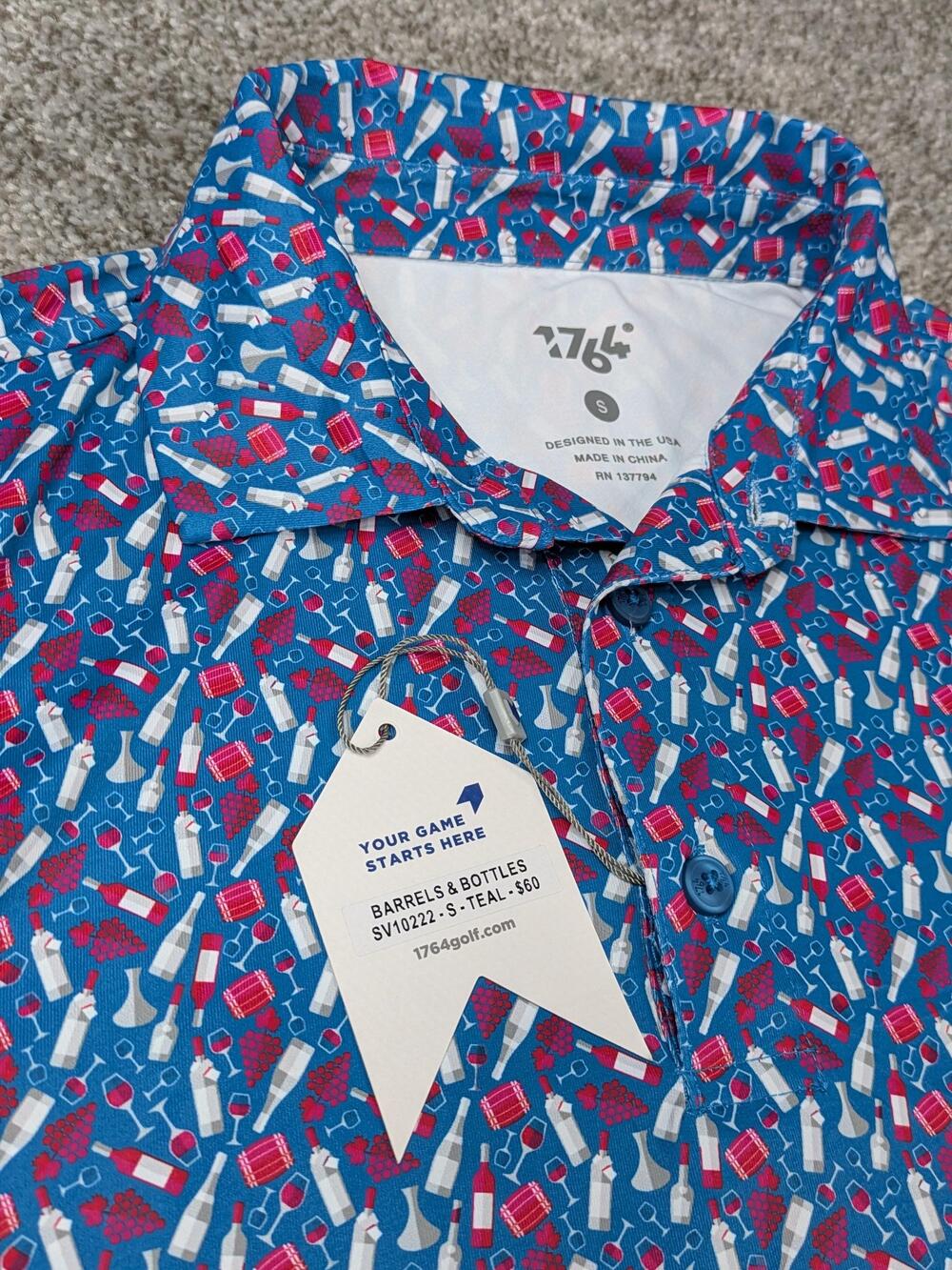 1764 Polo Shirt Mens Small Teal Barrels & Bottles Signature Stretch Golf SV10222